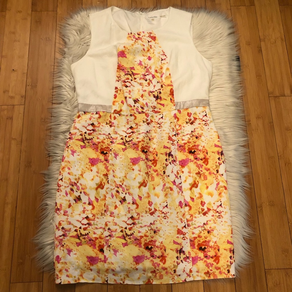 Calvin Klein Linen Blend Earth Tone Abstract Print Womens Sheath Dress size 14